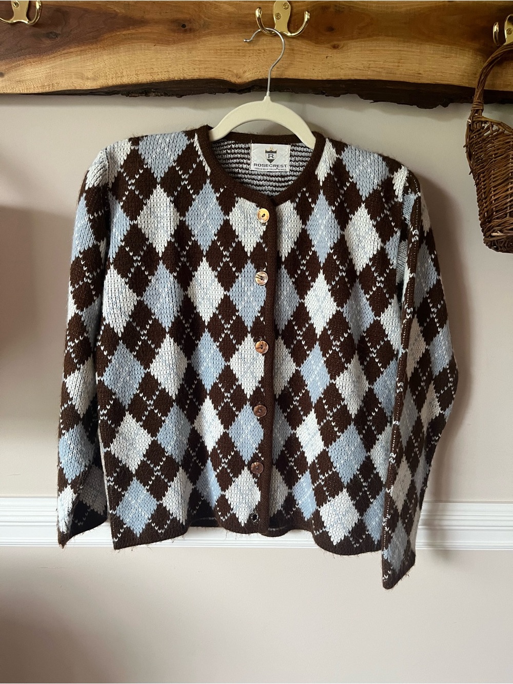 Dark Light Academia Vintage Rosecrest Brown Blue Argyle Cardigan Sweater M